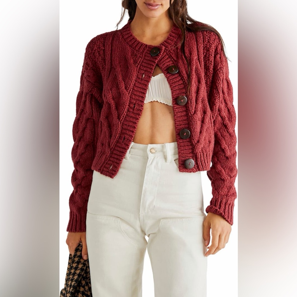 Free People Bonfire Cable Knit Cardi in Cowboy - Picture 2 of 6
